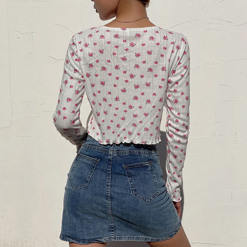 IAMSURE Small Flower Print Aesthetic Long Sleeve Blouse For Women Kpop Streetwear Casual Outfits Female Cute Crop Tops Shirts
