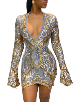

Gold mini sheath one piece dress for woman sexy V neck long flare sleeves A077 ladies party high street high quality dresses