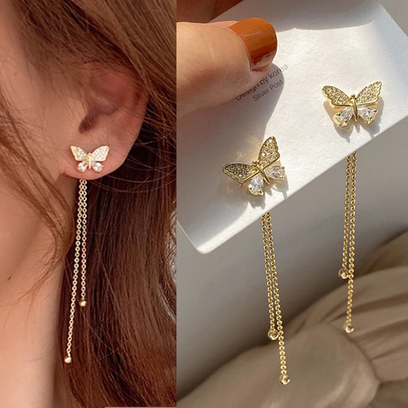 Nuovi orecchini pendenti a farfalla di cristallo con nappe lunghe alla moda Color oro orecchini da donna appesi alla moda coreana regalo di gioielli per feste da ragazza  36