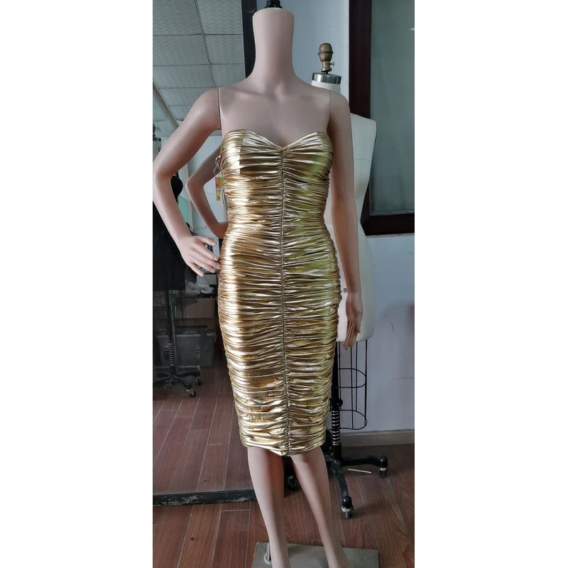 Осеннее сексуальное Золотое Бандажное платье с открытыми плечами женское платье средней длины Клубное платье высокого качества