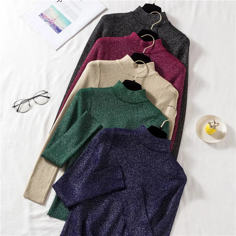 Женский Яркий шелковый облегающий свитер с высоким воротом, коллекция, осенне-зимний свитер, Женский вязаный пуловер, свитер