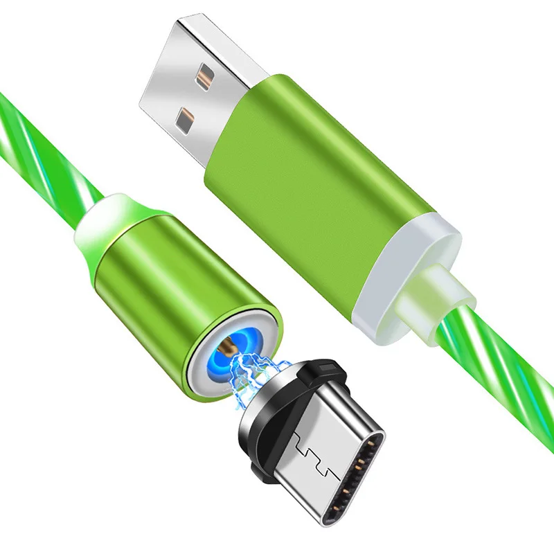 green for Type C Светодиодный поток с подсветкой Micro usb type C кабель для samsung S8 huawei P20 P30 провод для быстрого заряда для iPhone зарядное устройство магнитный кабель - Тип штекера: green for Type C