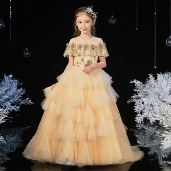 

High-Grade Model Show Catwalk Evening Party Princess Long Tail Dress For Children Girl Elegant Flowers Piano Host Trailing Dress