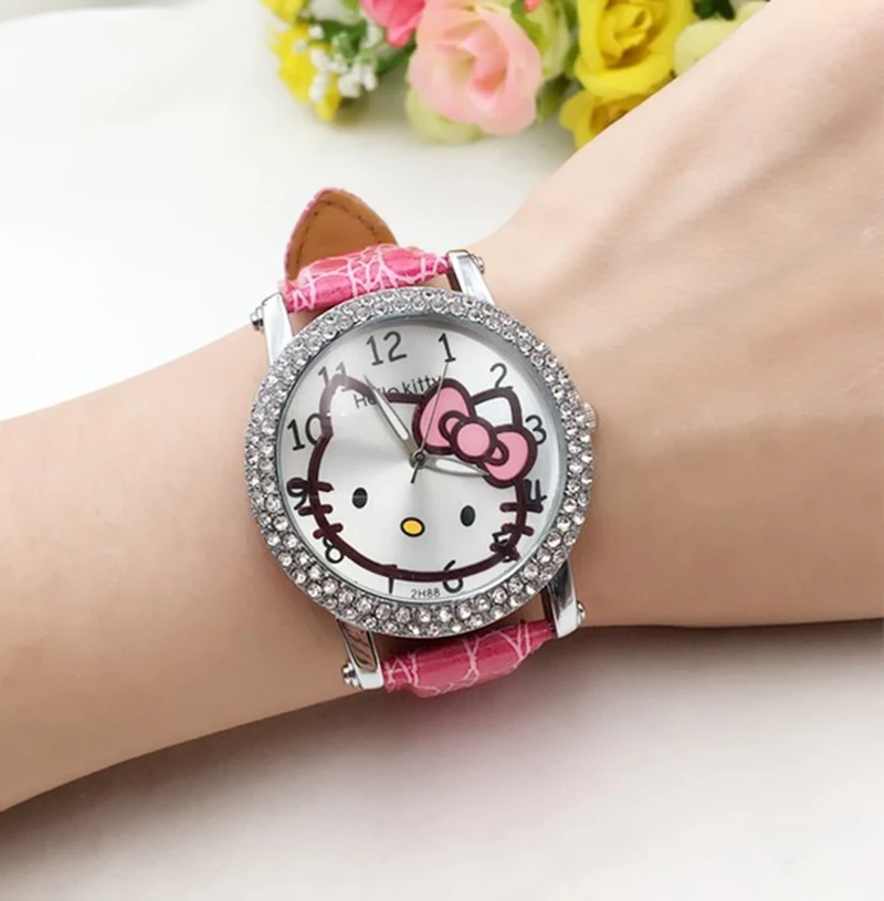 Повседневные часы для девочек с кошкой hello kitty, милые детские часы с кожаным ремешком, стразы, милые детские кварцевые наручные часы