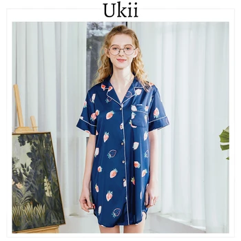 

Ukii Silk Sleepwear Dress Women Long Sleeve Button Spring Mini Nightshirt Pijama Dress With A Pocket Sexy Nightwear For Women
