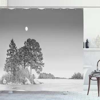 

Shower Curtain Set with Hooks 72x78 Tree Winter North Swedish Cool Coast Shore Pine Nature Evening Houses Sky Design Green