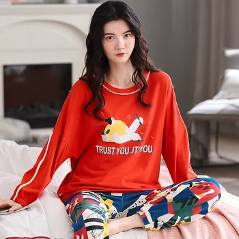

2 Piece Women Pyjamas Set Thin Pajamas Spring Autumn Girl Soft Long Sleeve Pajamas with Cute Cartoon Print