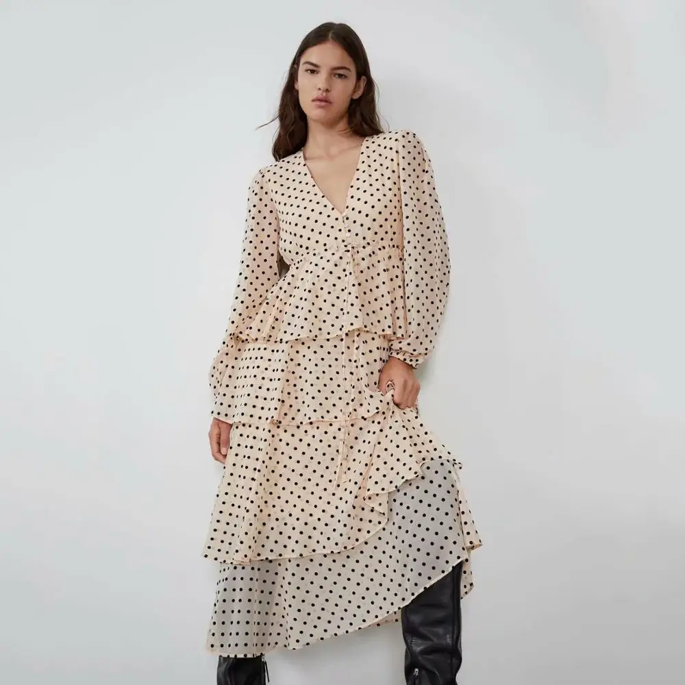 Женское длинное платье в горошек с V-образным вырезом и оборками | Женская одежда