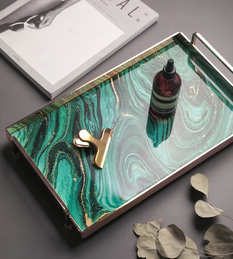 35.4*22.6*6.9cm Light Luxury Storage Trays Metal+ Glass Jewelry Service Tray Milk Bread Food Tray Restaurant Trays Decorative