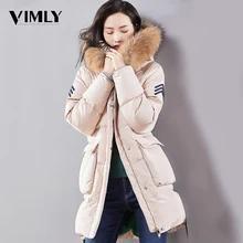 Vimly, женское повседневное белое пуховое пальто, женский меховой воротник, капюшон, на молнии, длинная куртка, Дамское зимнее плотное теплое женское пуховое пальто