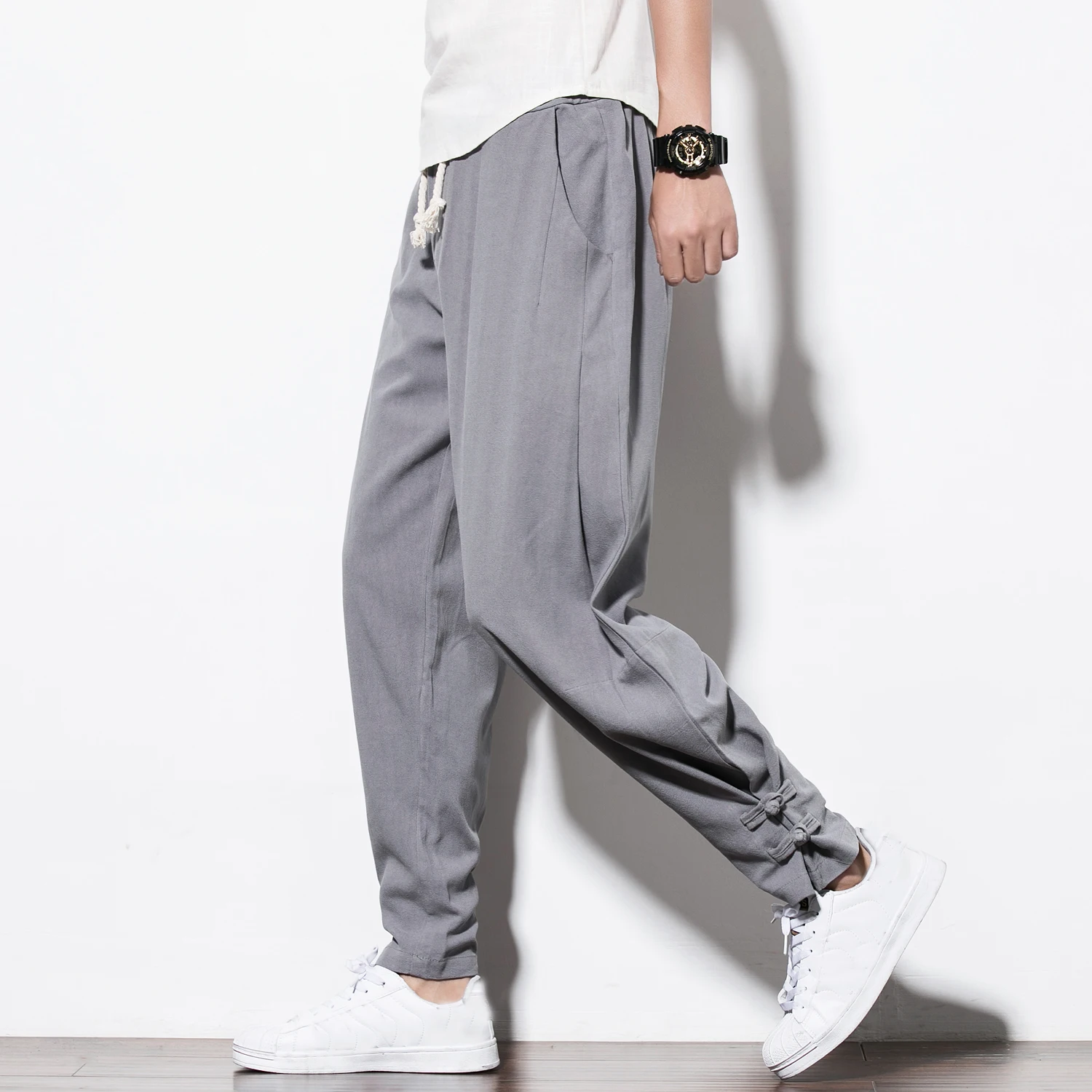 Light Grey M-5XL мужские хлопковые Льняные китайские ретро шаровары повседневные свободные брюки хит B13 - Цвет: Light Grey