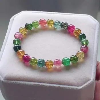 

7.6mm Certificate Natural Colorful Tourmaline Colorful Clear Round Beads Bracelet Brazil Women Crystal Jewelry AAAAAA
