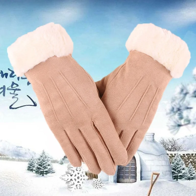 Женские замшевые перчатки с сенсорным экраном, зимние двухслойные пушистые варежки, теплые модные уличные перчатки с вышивкой снежинки