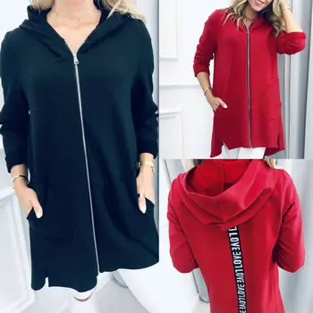

Autumn S-XL Womens Long Sleeve Hooded Sweater Cardigan Jacket Medium Length Zipper-up Outerwear Coat with Pockets Black Red