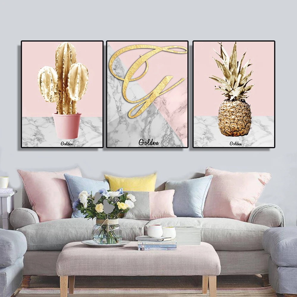 

Laeacco Canvas Painting Calligraphy Golden Pineapple Posters and Prints Nordic Wall Art Pictures for Living Room Home Decoration