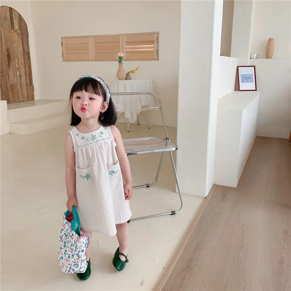 2022 Summer Korean Girls' Vest Skirt Thin Foreign Style Washed Cotton Dress Children'S Embroidered Skirt Baby Girl