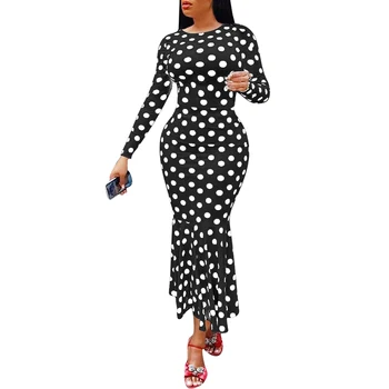 

Bikitique Printed Long Sleeve Contrast Fish Tail Polka Dot Dress Party Nightclub Banquet Elegance Sexy Slim Dresses