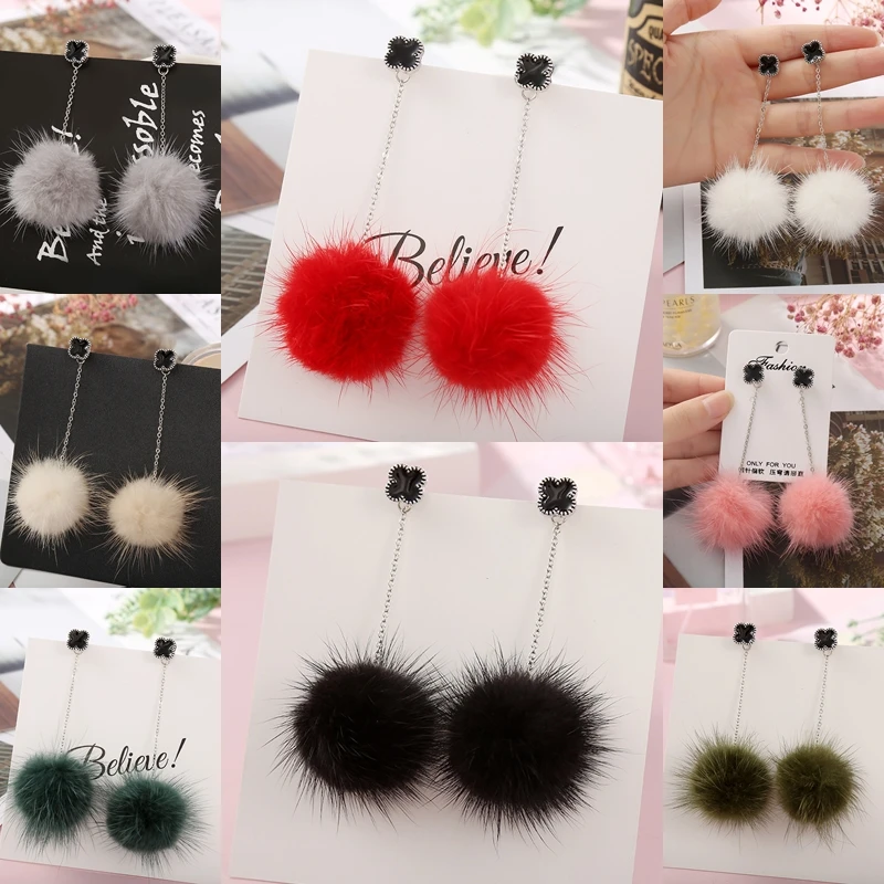 Korean Style Long Four-leaf Fur Ball Ear Drop Statement Earrings 925 Silver Needle Hair Dangle for Women Girls | Украшения и
