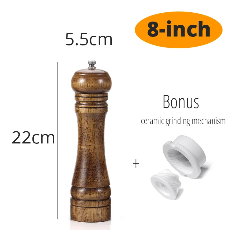 8 inch X 1 Мельница для соли и перца, деревянные мельницы для перца с сильной регулируемой Керамической мельницей с запасным керамическим ротором-кухонные аксессуары - Цвет: 8 inch X 1