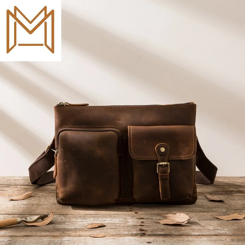 

Manual Man Bag Crazy Horsehide Single Shoulder Satchel Diagonal Trend Concise Small Backpack Genuine Leather Male Package