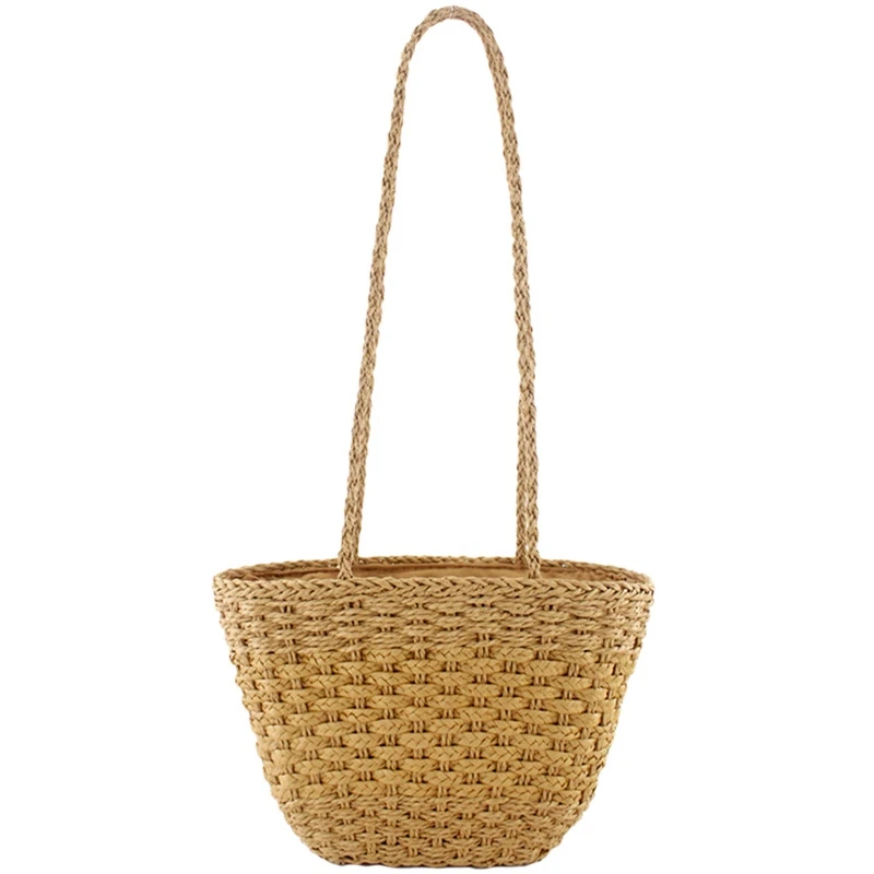 

Solid Color Retro Straw Bag Shoulder Woven Bag Casual Handbag Beach Bag(Brown)