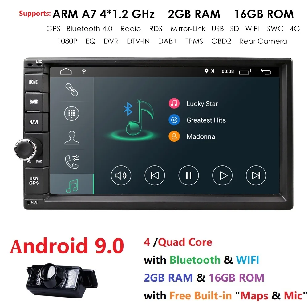  2G RAM Android 9.0 Auto Radio Quad Core 7Inch 2DIN Universal Car NO DVD player GPS Stereo Audio Hea