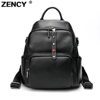 

ZENCY Female 100% Genuine Cow Leather Black Hardware Women Backpack Lady Real Top Layer Cowhide Calfskin Book Bag Style Knapsack
