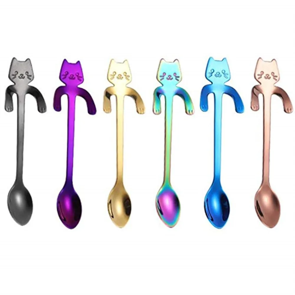 Набор из 7 предметов, разноцветная маленькая ложка, кофейная ложка из нержавеющей стали, в форме раковины, с рисунком кошки, ложка в форме гиппокампа, ложка
