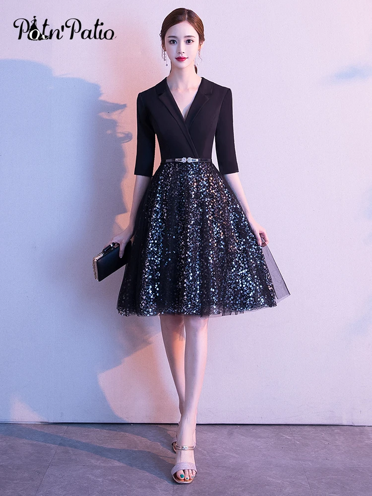 

Elegant Short Prom Dresses With Half Sleeves 2019 V-neck Sequin Christmas Cocktail Dress Plus Size Party Gowns For Women