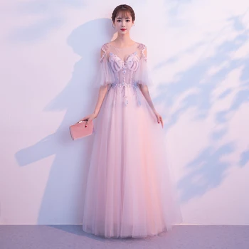 

Women Pink Perspective Evening Party Dress Exquisite Appliques Formal Dress Elegant Long Prom Gown Mesh Ball Gown Vestidos