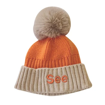 

Winter Infant Newborn Cute Warm Kids Girls Boys Baby Plush Ball Design Patchwork Color Hats Knitted Hemming Caps