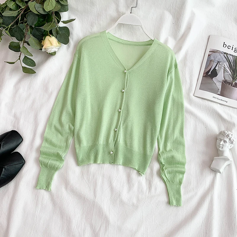 2019 New Spring summer Sunscreen Cardigan Women's Thin Small Shawl Jacket Ice Silk Knit Long sleeve Short coat cc1096 |
