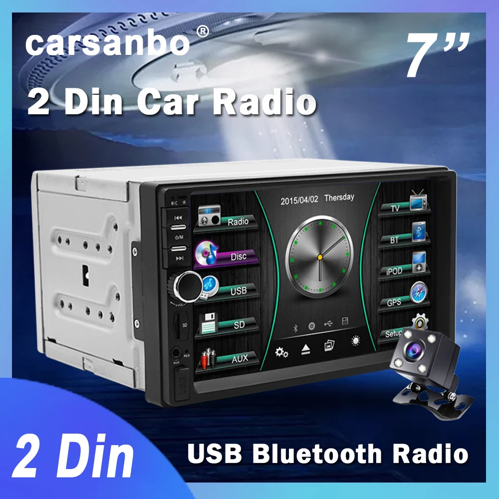 Carsanbo 2 Din 7 pouces autoradio écran tactile lecteur multimédia stéréo MP5 lien miroir Android/IOS Bluetooth FM SD USB entrée AUX