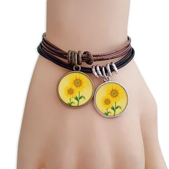 

Yellow Sunflower Greenery Flower Plant Bracelet Double Leather Rope Wristband Couple Set