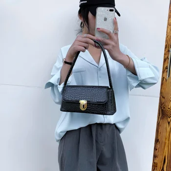 

Stone Pattern Baguette Bags for Women 2020 Retro Solid Soft PU Leather Female Shoulder Bag Lady Purse Mini Casual Tote Handbag