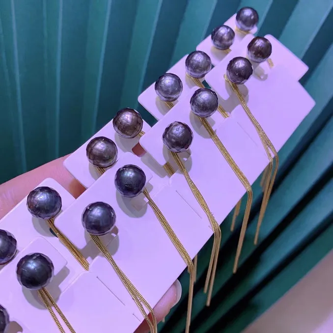 

9-10MM Southsea Black Tahiti Pearl Gold Plated Stud Earrings Nice Party Wedding Women Female Girl Gift