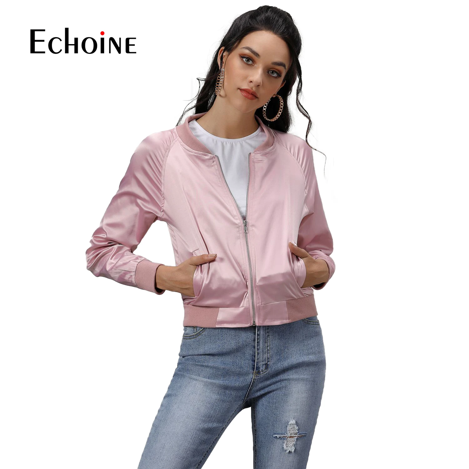 

Fashion Spring Casual Coats And Jackets 2019 New Zip Up Pocket Solid Jacket Streetwear Stand Collar Pink Black Bomber Jacket