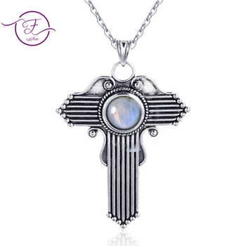 

Jewelry S925 Sterling Silver Pendant Necklace Round 8MM Natural Moonstone Cross Pendant Necklace Women's Gifts Wholesale Party