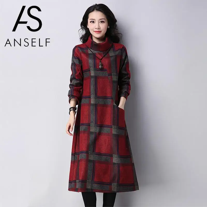 

ANSELF Vintage Plaid Dress Women Winter Dress 2019 Checked Print Turtleneck Long Sleeve Side Pocket Gowns Elegant Robe One-Piece