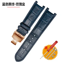 Genuine Leather Notched Watchband with Stainless Steel Butterfly Buckle - Universal Size - 22 - 13mm (Blue  rose)