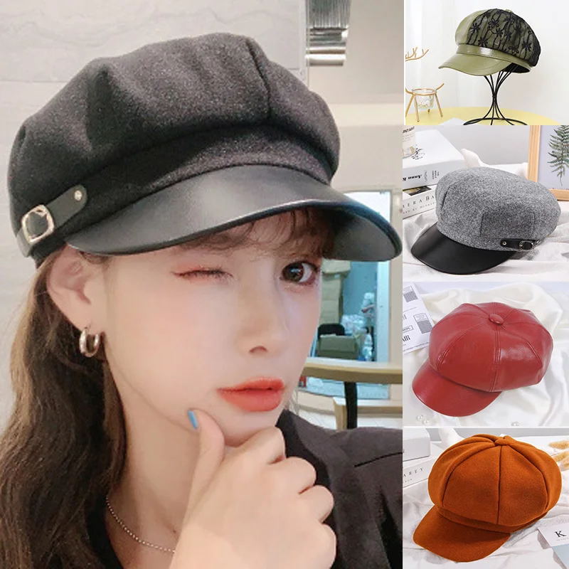 

Sparsil Women British Woolen Octagonal Solid Color Hat Autumn Winter All Match Fashion Painter Hat Japanese Lace Beret Cap