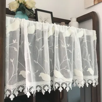 

Nordic style Solid White Half Curtain Cuckoo Yarn + Clover Water Soluble Edge Embroidered Tulle Short Curtain For Bar Kitchen