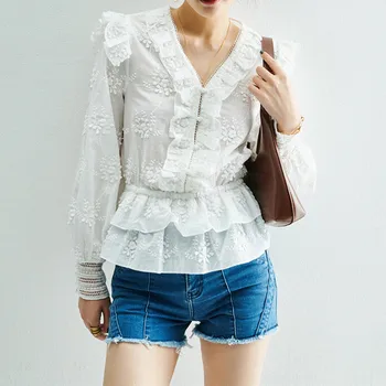 

2020 Spring Summer Women's Blouse V-neck ruffled Patchwork embroidered ladies shirt Female long-sleeved slim shirts top