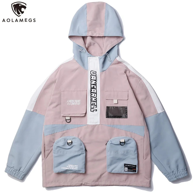 

Aolamegs Hoodies Men Multi-Pocket Sweatshirt Color Block Hooded Pullover Loose Drawstring Lover Hip Hop Style Streetwear Autumn