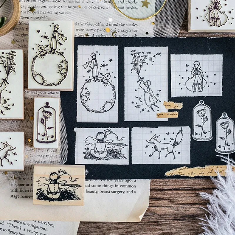 

Cute Prince And Friends Theme Fox Roes Pattern Wooden Stamp DIY Sticker Journal Diary Decoration Gift