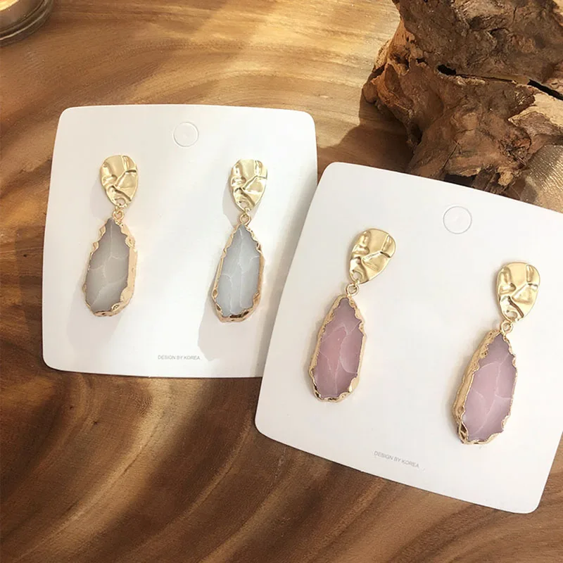 

Oval Gold Color Metal Irregular Marble Stone Dangle Earrings 2020 Korean New Vintage Alloy Drop Earrings For Women Girls Party