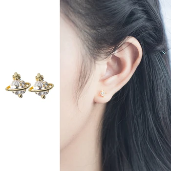 

Mocanie Radiant CZ Gold Color Cute Planet Tiny Stud Earring for Women 925 Sterling Silver Luxury Wedding Earrring Fine Jewelry