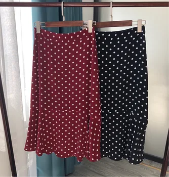 

Women Skirt Early Autumn New Red Dot Silk fishtail Midi Skirt