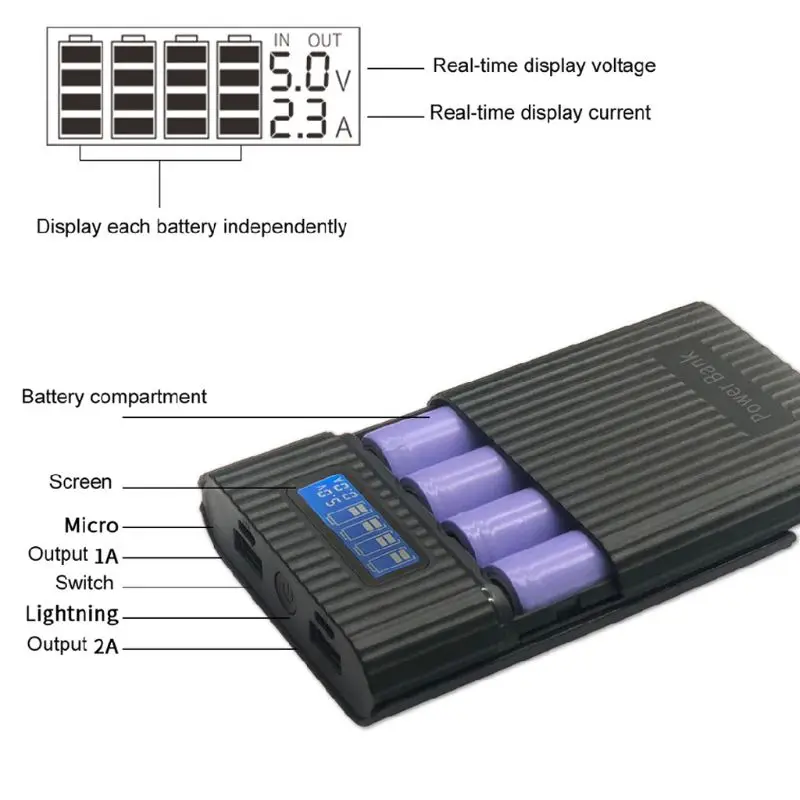 Anti-Reverse DIY Power Bank Box 4x 18650 Battery LCD Display Charger For iphone