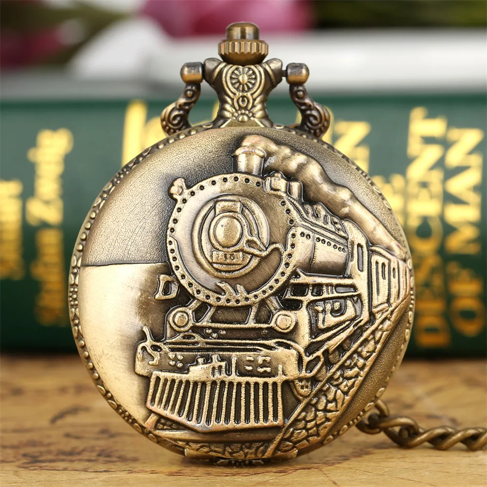 Steampunk Train Bronze Chain Quartz Pocket Watch Vintage